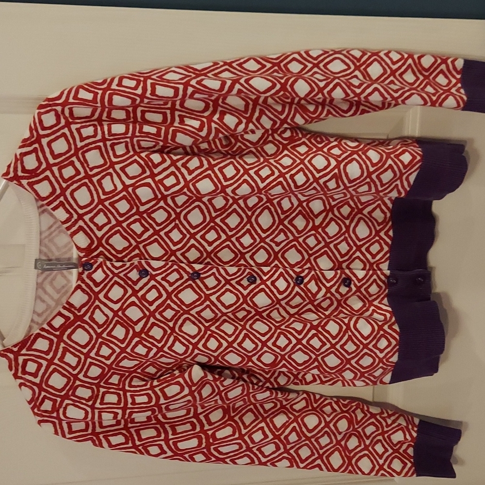 Hanna Andersson Crew Neck Button Down Cardigan‎ Red White Geometric Print